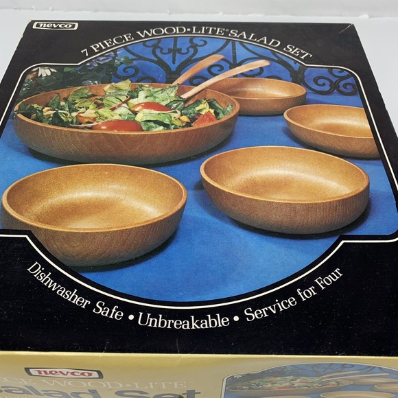 Vintage Nevco 7 Pc Wood Lite Salad Set Plastic Serving Bowl Salad Bowls Utensils - Picture 11 of 11